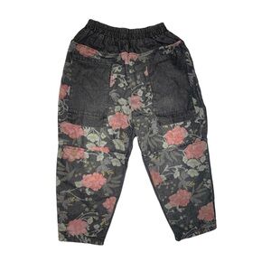 Grey denim patchwork floral pants with adjustable waist #grunge
